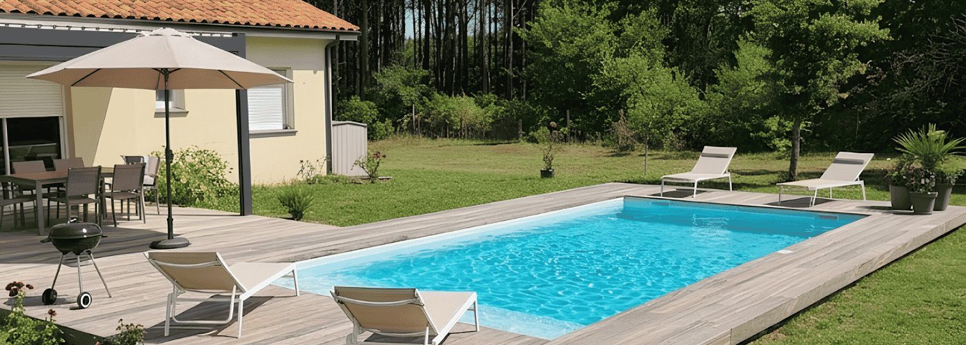 terrasse en bois autour d'une piscine à mimizan